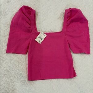 Square Neck Puff Sleeve Crop Top in Hot Pink